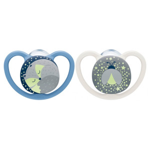 NUK Space Night Sucettes Silicone Couleur Bleu/Gris 0-6 Mois - 2 unités