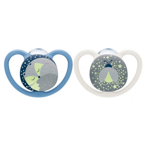 NUK Space Night 2 Sucettes Silicone Couleur : Bleu/Gris - 6-18 Mois