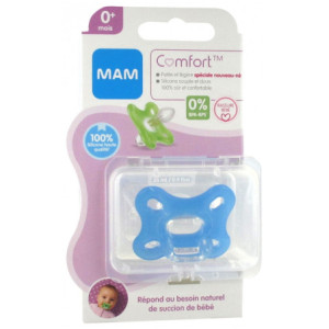 MAM Comfort Sucette en Silicone 0 Mois et + & une Boîte de Stérilisation  Couleur : Bleu - 2 unités 