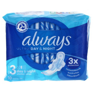 Always Ultra Day & Night Serviettes Hygiéniques Taille 3 - 10 unités 