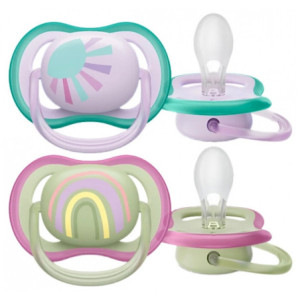 Avent Ultra Air 2 Sucettes Orthodontiques Silicone avec Motif Modèle : Soleil et Arc-en-Ciel Bleu - 0-6 Mois