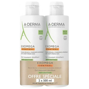 A-DERMA Exomega Control Gel Moussant Émollient Anti-Grattage - Lot de 2 x 500 ml