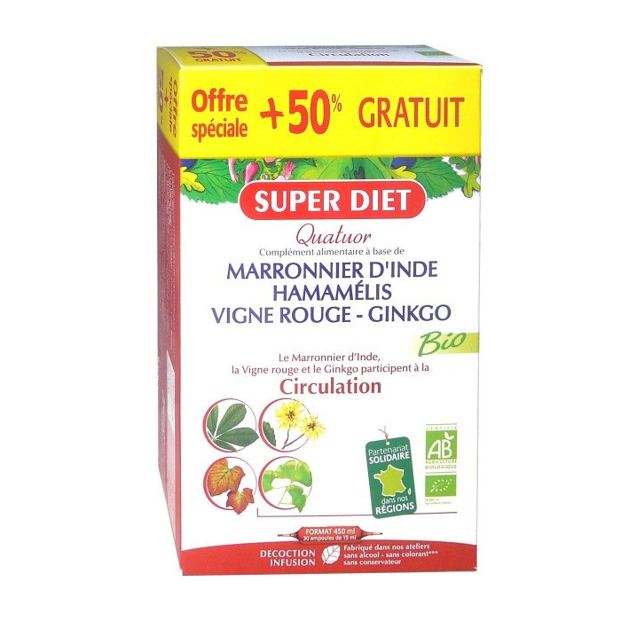 Super Diet Quatuor Vigne Rouge Circulation Bio - 20 Ampoules + 10 Ampoules Offertes